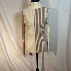 Ecru Striped Ribbed Mock Turtleneck Sweater -  Size M